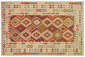 Flat Weave Kilim, Antique, Navaho, Vintage, Handmade, Geometric Kilim Rust Beige Hand-Woven Rectangle 100% Wool Area Rug 7 x 10